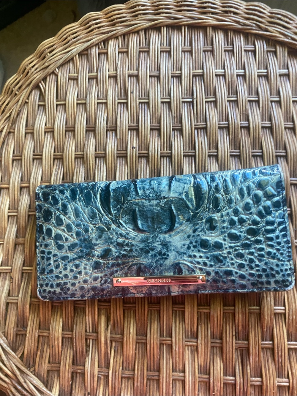 Brahmin Blue Croc-Embossed Leather Wallet with Gold Accent